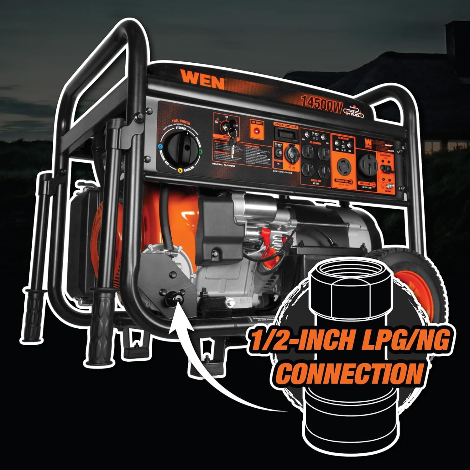 WEN 14,500-Watt 120V/240V Tri-Fuel Generator for Gas, Propane, and Natural Gas, Transfer-Switch Ready with Electric Start and Wheel Kit (TF-1450)