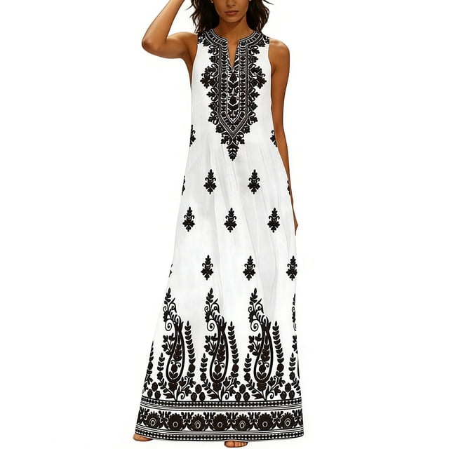 Vestido Cómodo de Mujer Zapatos sin Mangas Cuello en V Impreso Largo Vestido de Verano Casual