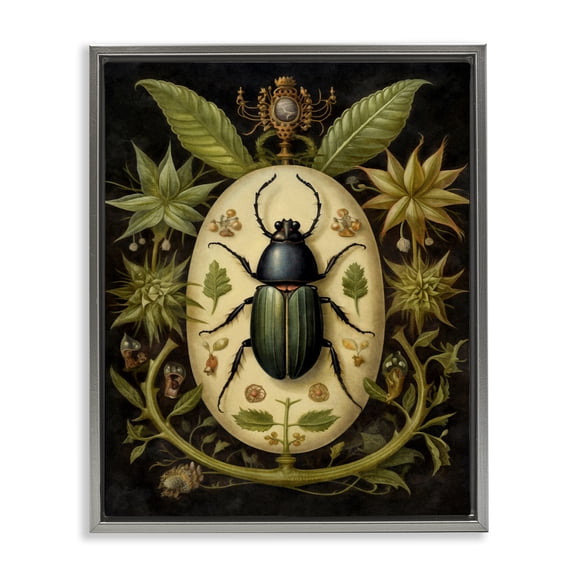 Stupell Industries Cottage Vintage Beetle & Botanicals Gray Floating Frame Canvas Art, 25 x 31, by The Dutch Lady