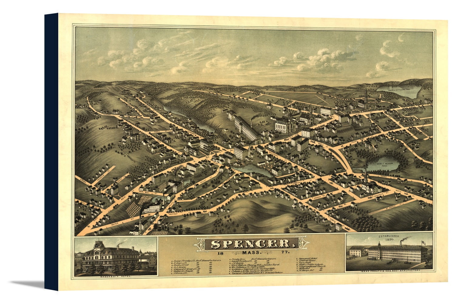 Spencer, Massachusetts Panoramic Map (18x12 Gallery Wrapped Stretched