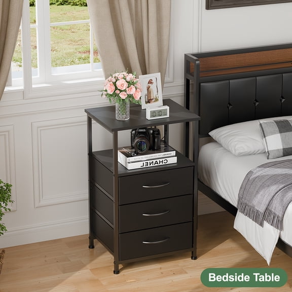 Nightstand with LED Light, 3 Drawers and 2-Tier Storage Shelf, Wooden Bedside Table with Charging Station for Bedroom, Living Room and Office