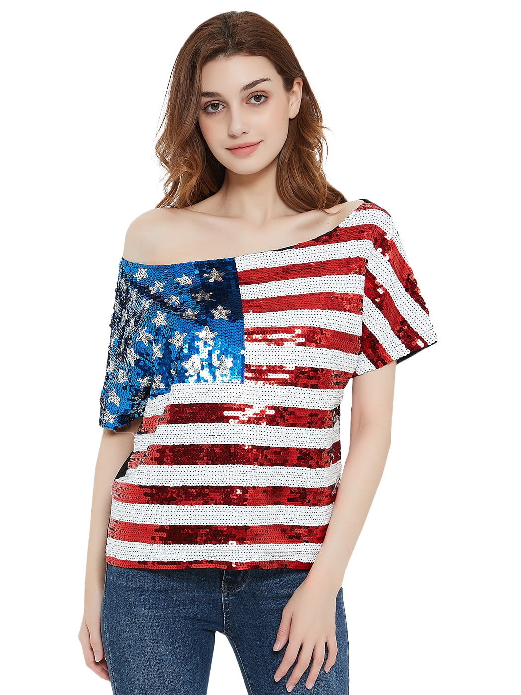Womens Patriotic American USA Flag Sequin One Shoulder Red Blue Blouse