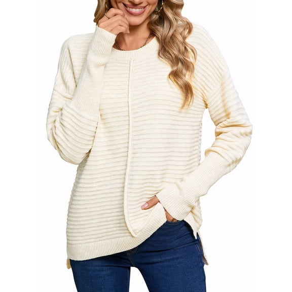 Women'S Fall Fashion Crew Neck Ribbed Knit Pullover Sweater Loose Side Split Batwing Long Sleeve Sweaters Cream White XL