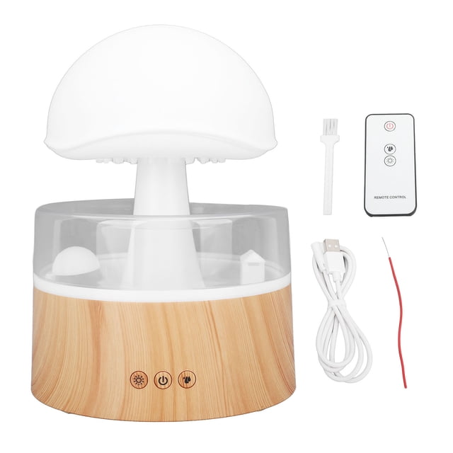 Humidificador Rain Cloud con 7 luces de colores, apagado automático, USB, difusor de aceites esenciales con goteo de agua y diseño de madera, con control remoto para mesita de noche.