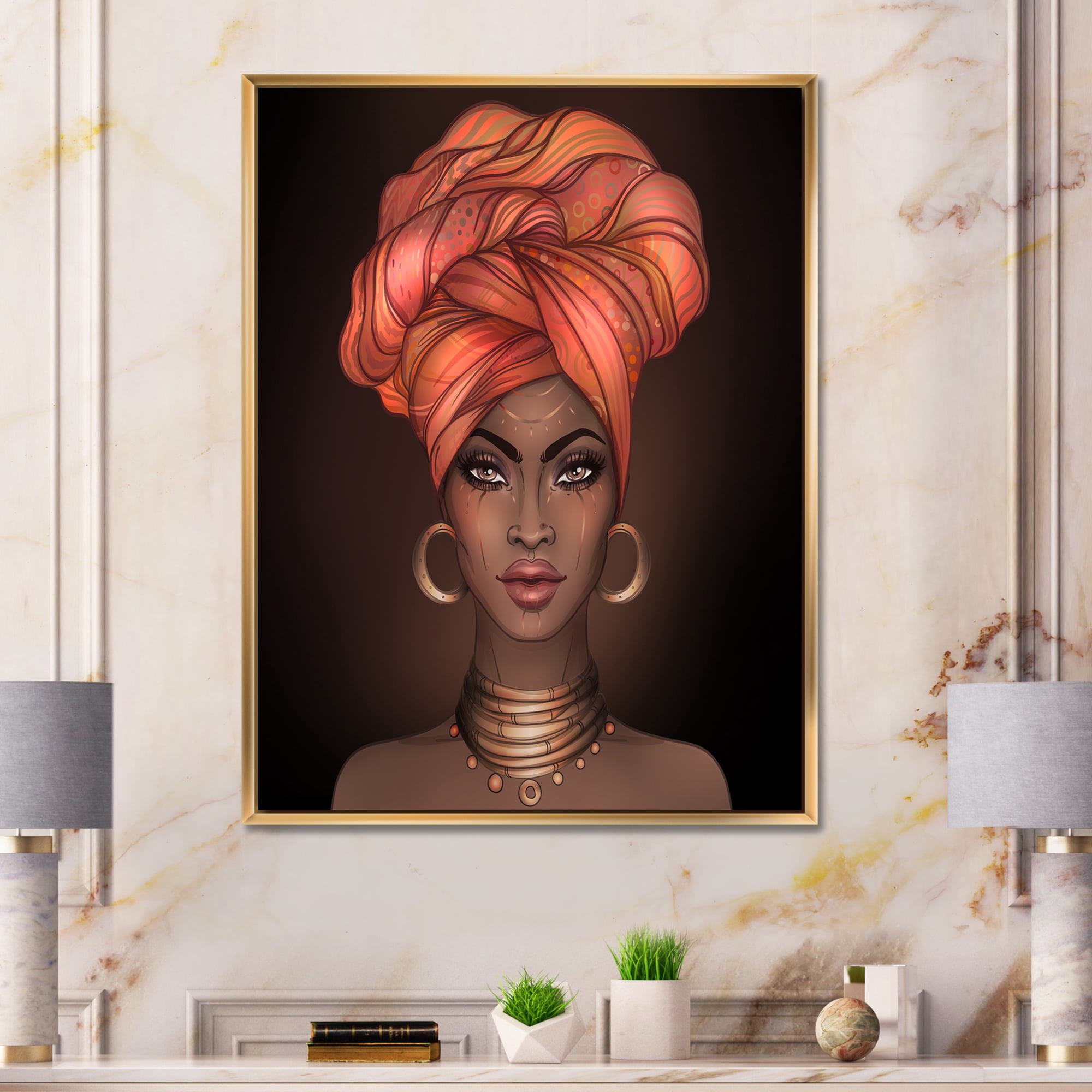 Designart 'African American Woman Portrait with Turban V' Modern Framed Canvas Wall Art Print