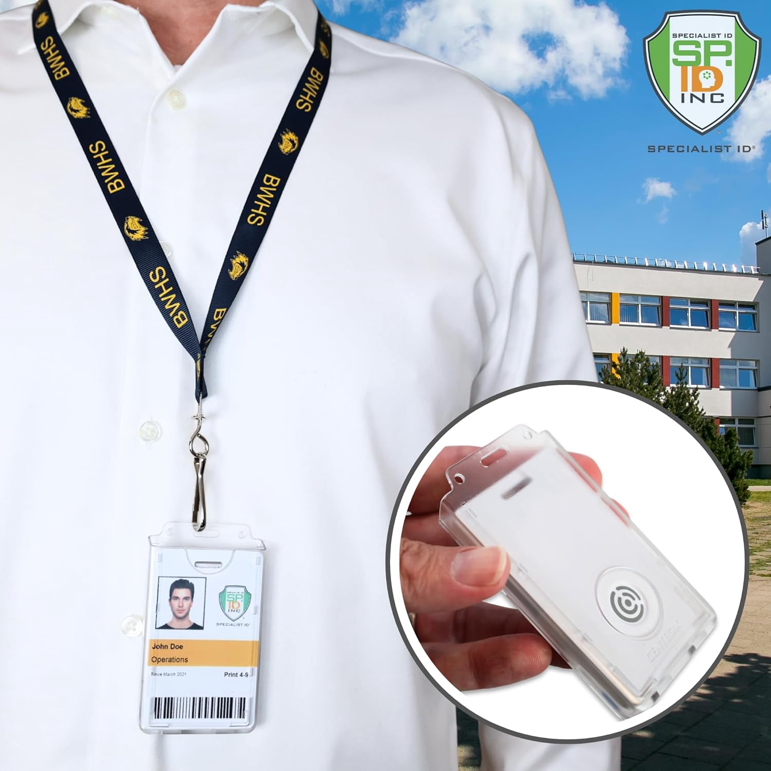 20 Pack - Centegix Badge Holder with Hole for Teachers - Holds 1 School ID & 1 Centegix V2 CrisisAlert Alarm Badge - Heavy Duty Polycarbonate Clear Vertical Display, Recessed Hole by Specialist ID