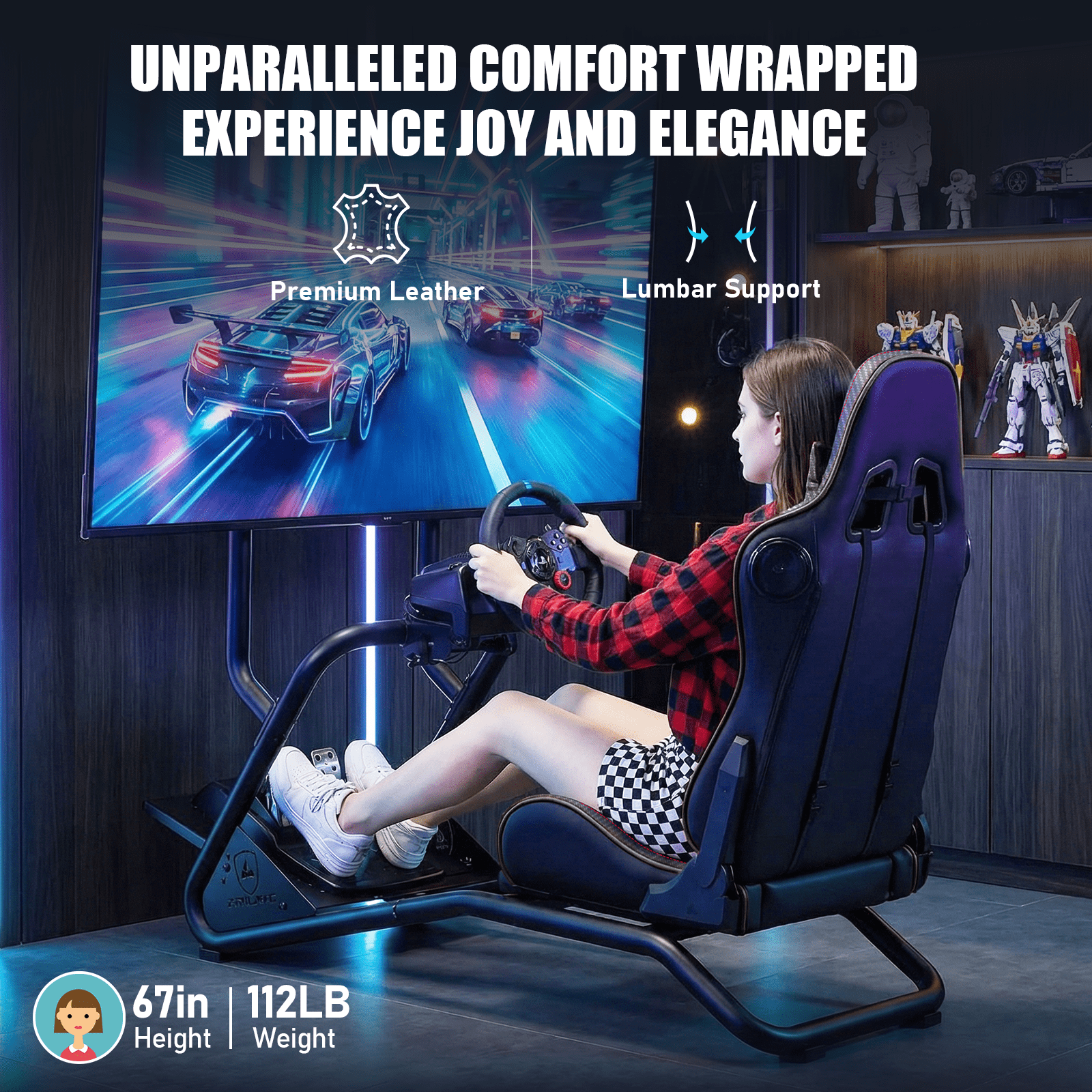 GTPLAYER Racing Simulator Cockpit with Monitor Stand, Racing Style Reclining Seat with Bluetooth Speakers, Black