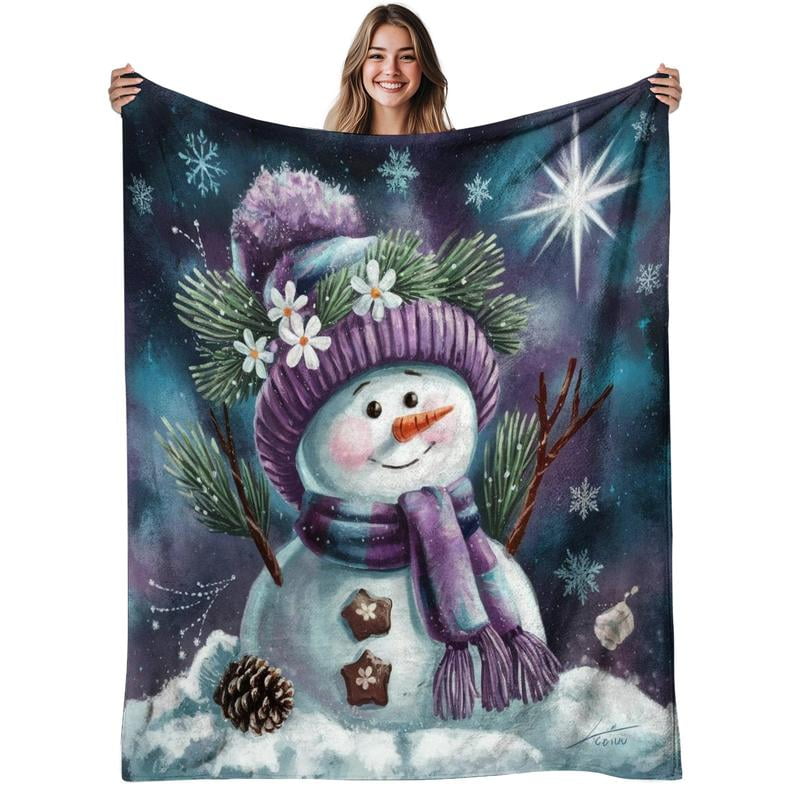 HELLOYOUNG Flannel Throw Blanket Cozy Soft Snowman Holiday Plush Fleece Bed Cover for Adults Christmas Decor Winter Warm Couch Sofa All Season Home Decorations