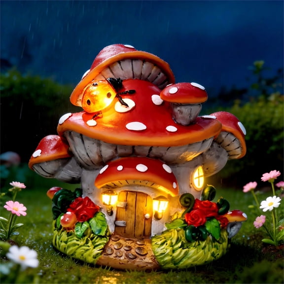 Solar Mushroom House Statue,Outdoor Whimsical Garden Figurines with Solar Lights,Mushroom Garden Statue Decoration for Fairy House,Outside Lawn Yard Patio,Gifts for Mom,friends