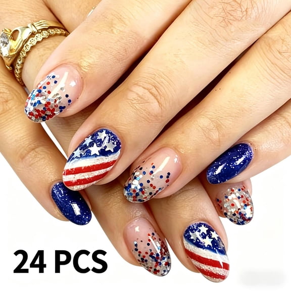 Independence Day Fake Nails Set, Red White Blue Star Pattern Nail Tips, Shiny Glitter Diamond Decoration, 24PCS Detachable Wearable Nails for National Day Celebration,A