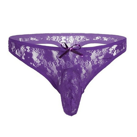 

Tangnade Ladies casual underwear bra Men Lingerie Floral Lace Semi See-through Bikini Briefs T-back Underwear Purple XL