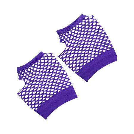 Unique Bargains Fish Net Elastic Short Gloves Fingerless Mittens Purple for Ladies 2PCS