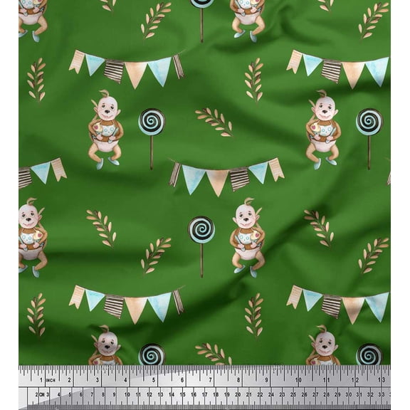 Soimoi Green Cotton Voile Fabric Monkey & Lollipop Party Print Fabric by the Yard 42 Inch Wide