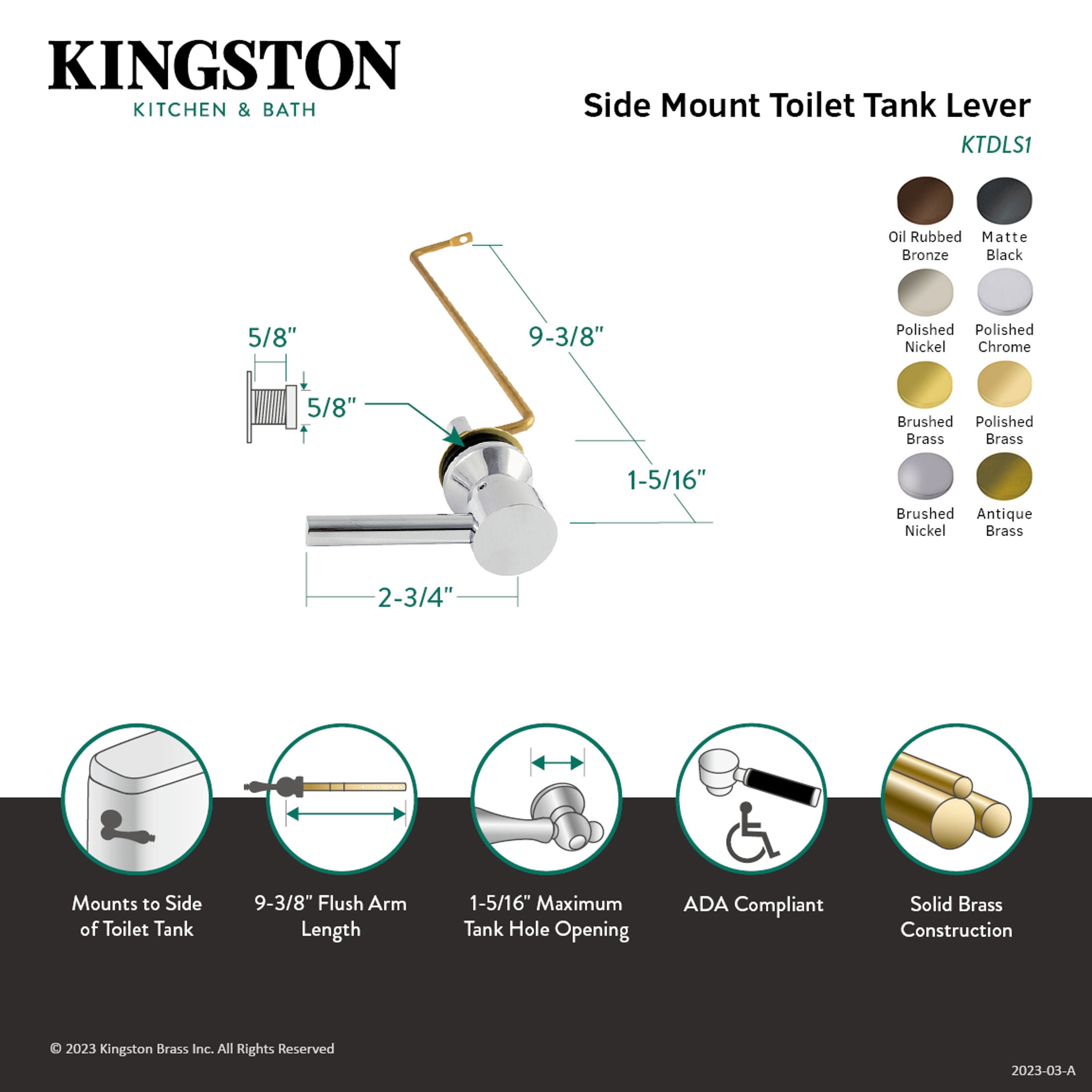 Kingston Brass KTDLS8 Concord Side Mount Toilet Tank Lever, Left/Right Installation in Brushed Nickel