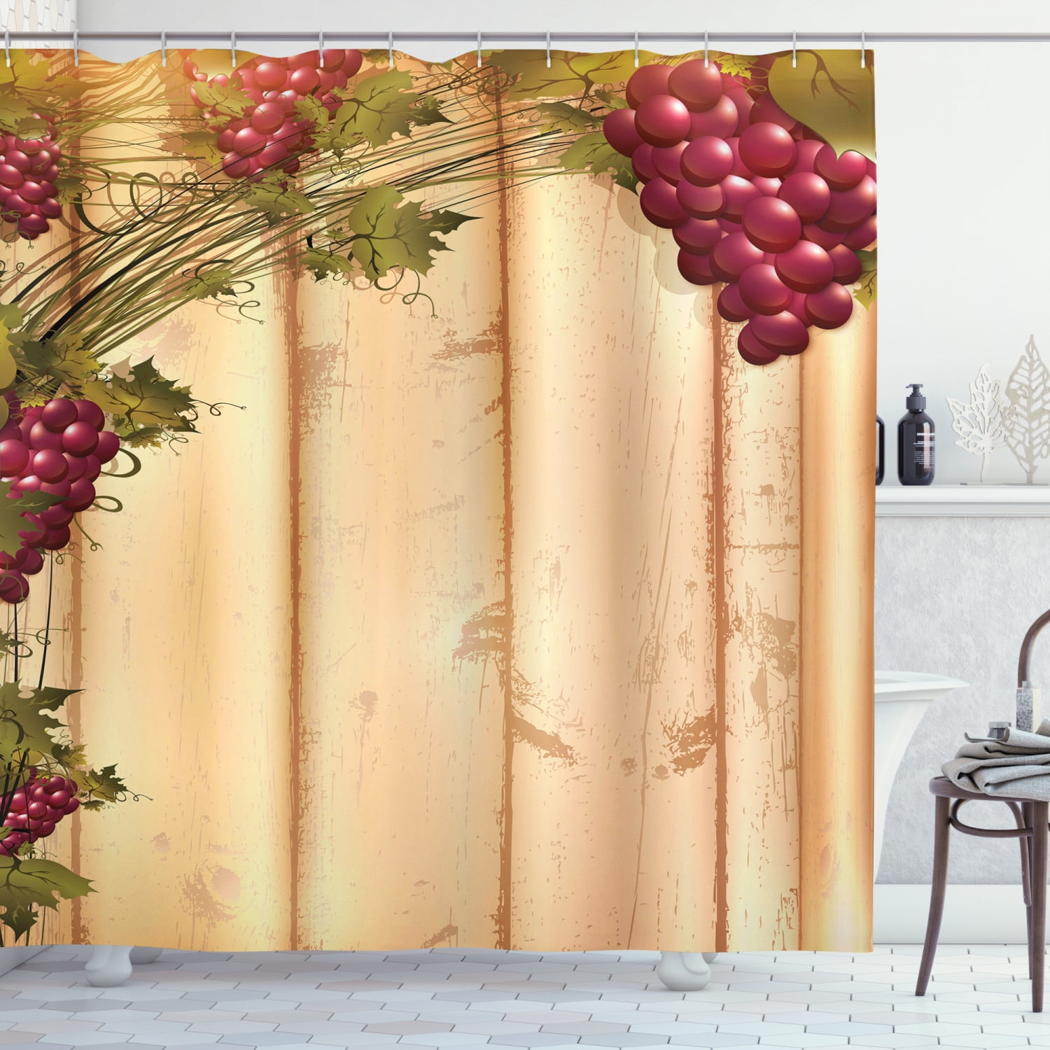 Fence Shower Curtain, Grapevine Branches on Wooden Planks Flowering