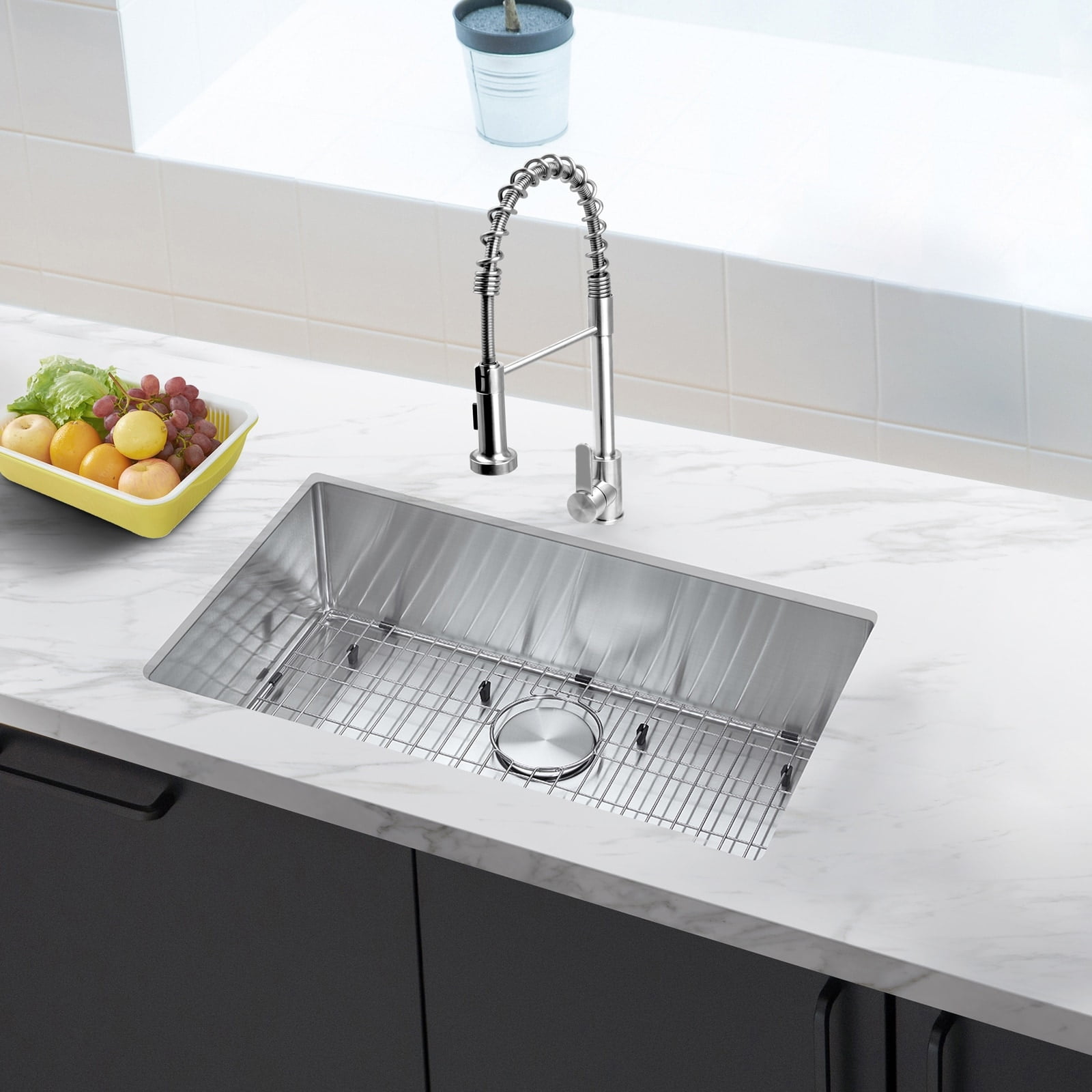 30" Undermount Kitchen Sink and Pull-down Faucet Combo with Drain Strainer, Protective Bottom Grid, All in One (30" x 18" x 9")