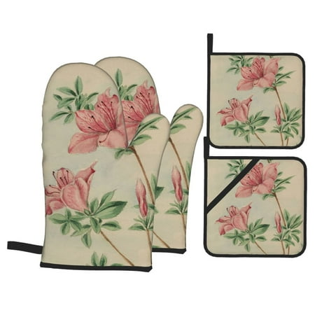 

Vintage Watercolor Flowers Oven Mitts And Pot Holders Sets Baking Sets For Kitchen Bbq Gloves Heat Resistant Cooking Japanese Floral Art Painting 4 Pcs