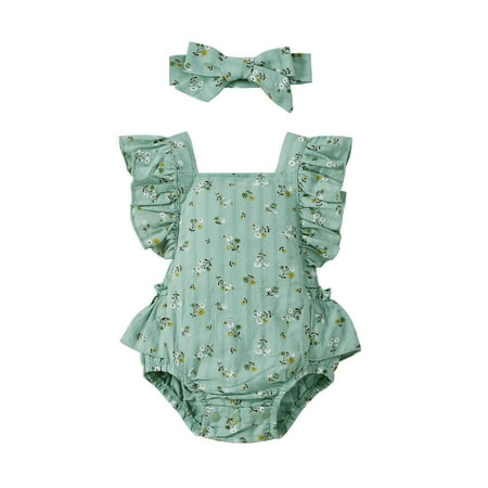 

Toddler Girl Clothes Backless Bodysuit+Headbandsleeve Fly Ruffles Floral Romper Romper&Jumpsuit