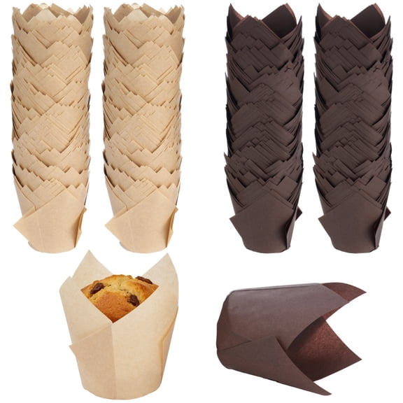800 Pcs Tulip Cupcake Liners, Muffin Baking Cups, Greaseproof High Temperature Resistant Wrappers, Disposable Paper Holders for Wedding, Birthday & Holiday Party Celebrations (Brown & Kraft Color)