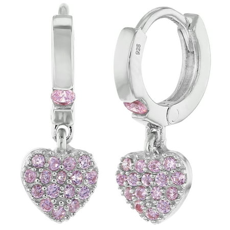 925 Sterling Silver Pink CZ Small Hoop Dangle Heart Baby Girl Kids Earrings
