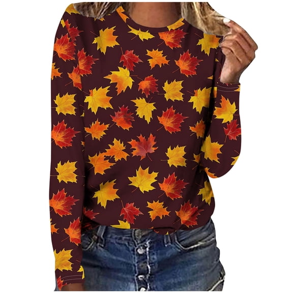 Edvintorg Thanksgiving Women's Casual Shirts Long Sleeve Crewneck Basic Plus Size Tops Lightweight Womens Blouses Fall Clothes for Women