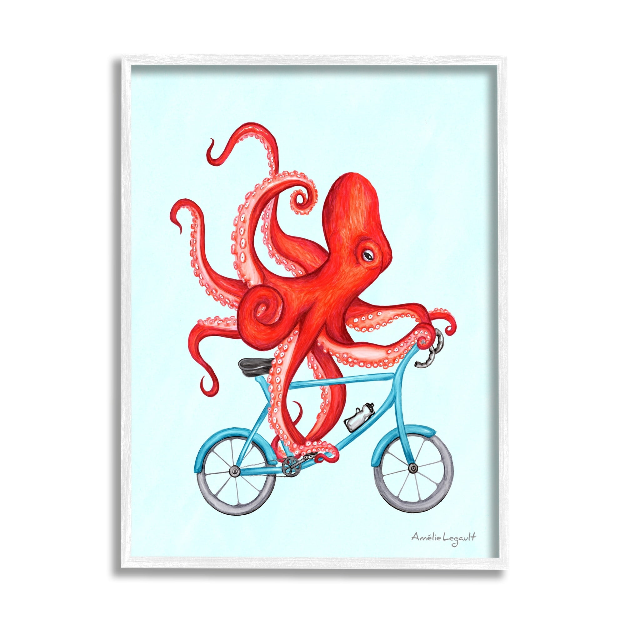 Stupell Industries Red Octopus Tentacles Riding Blue Bike Bicycle Graphic Art White Framed Art Print Wall Art, Design by Amelie Legault