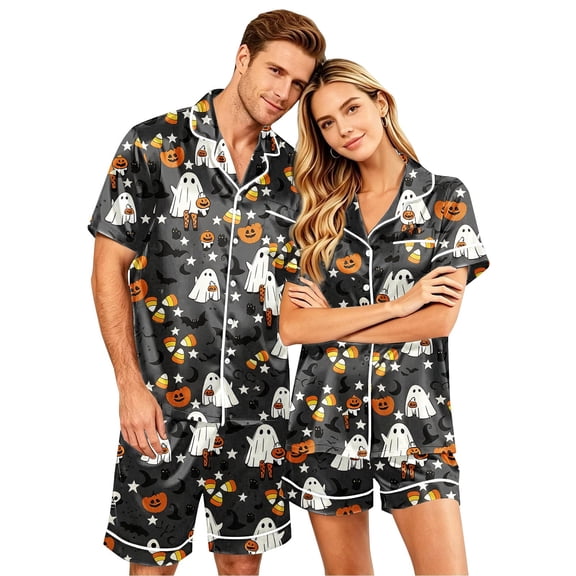 QASIEATN Halloween Pajamas Couples Pumpkin Print Button Down Soft 2 Piece Short Set Casual Loungewear Set