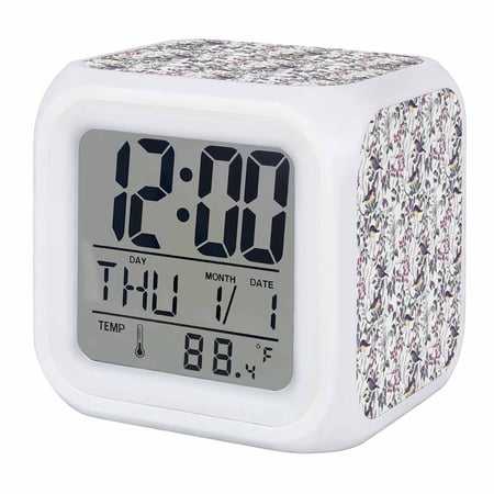 Spring Botanical Birds Digital Alarm Clock for Bedrooms, Smart LED Alarm Clock with 7 Color Changing Night Light, Garden Floral Twigs Farmhouse Silent Wake Up Clocks for Sleep Study Cooking 3.2x3.2