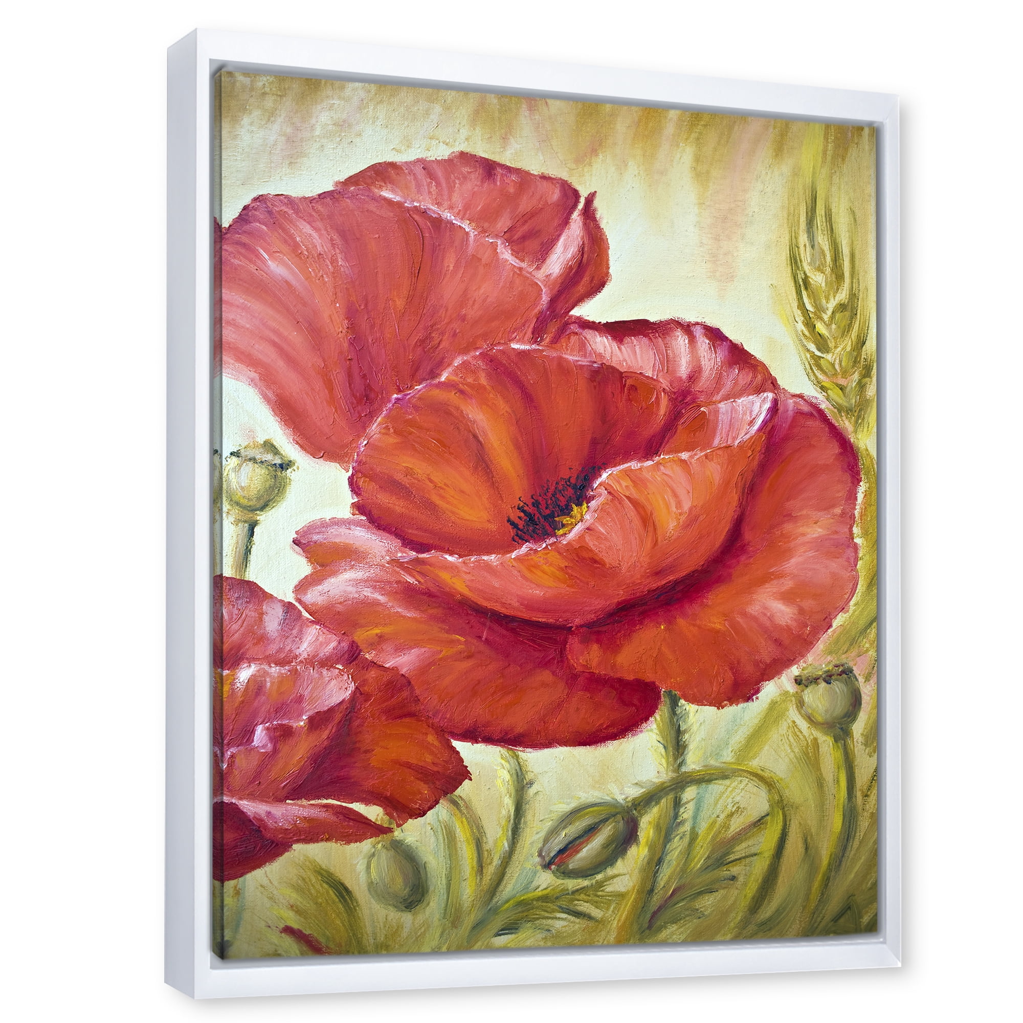 Designart 'Blossoming Red Poppies In Wheat Fields I' Traditional Framed Canvas Wall Art Print