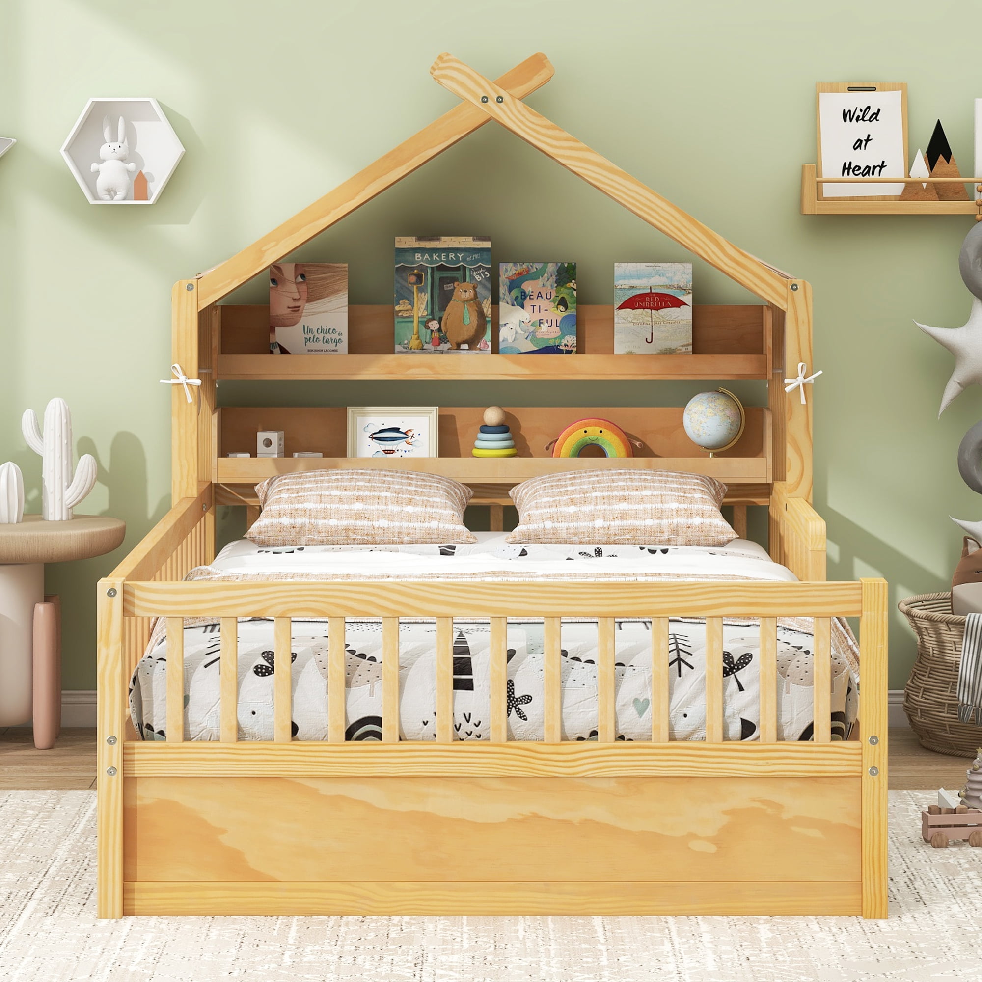 Euroco Wood Twin Size Platform Bed with Storage Headboard and Canopy, Natural