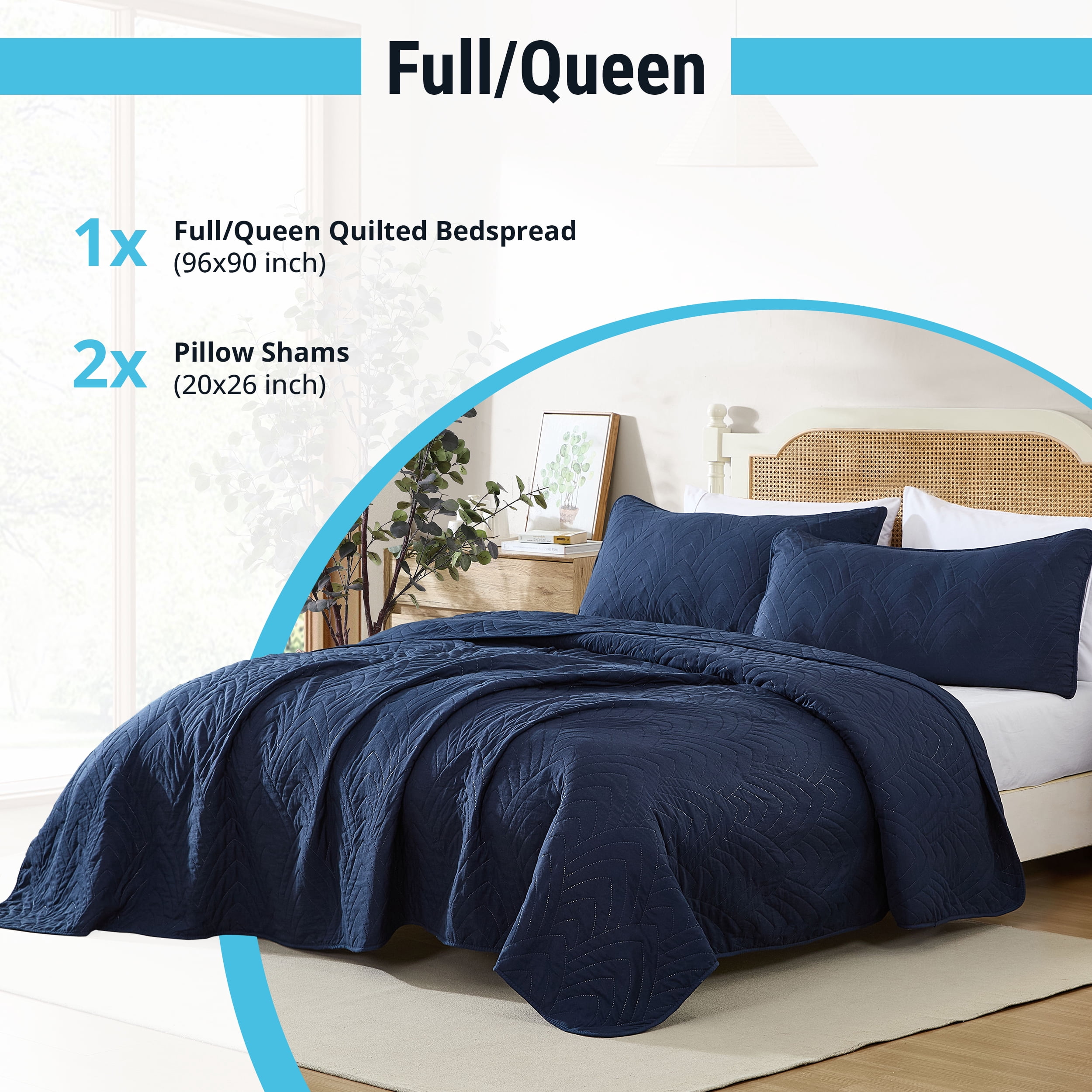 THD Winston - 3 Piece Full Queen Size Quilt Set, Lightweight Queen Bedspread Coverlet Set (Full/Queen, Navy Blue)