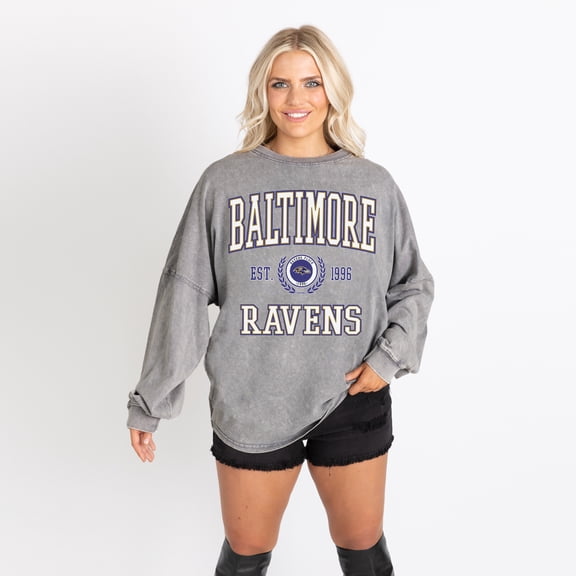 Women's Gameday Couture Gray Baltimore Ravens Oversized Final Score Snow Wash Long Sleeve T-Shirt