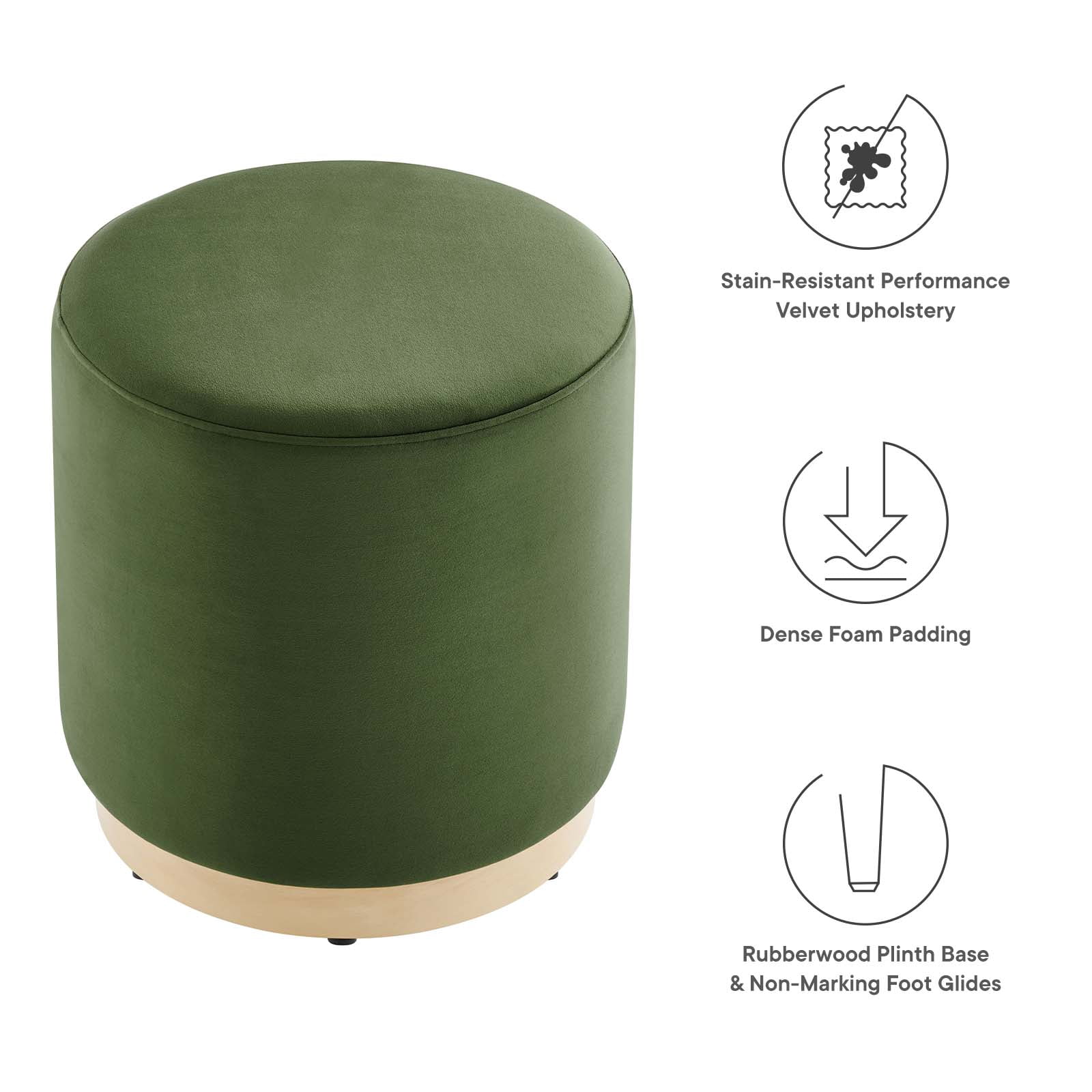 Tilden 16" Round Performance Velvet Upholstered Ottoman in Moss Green Natural