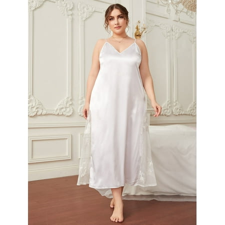 

Women s Plus Contrast Embroidery Mesh Satin Cami Night Dress 3XL(18) White Sexy F22001D