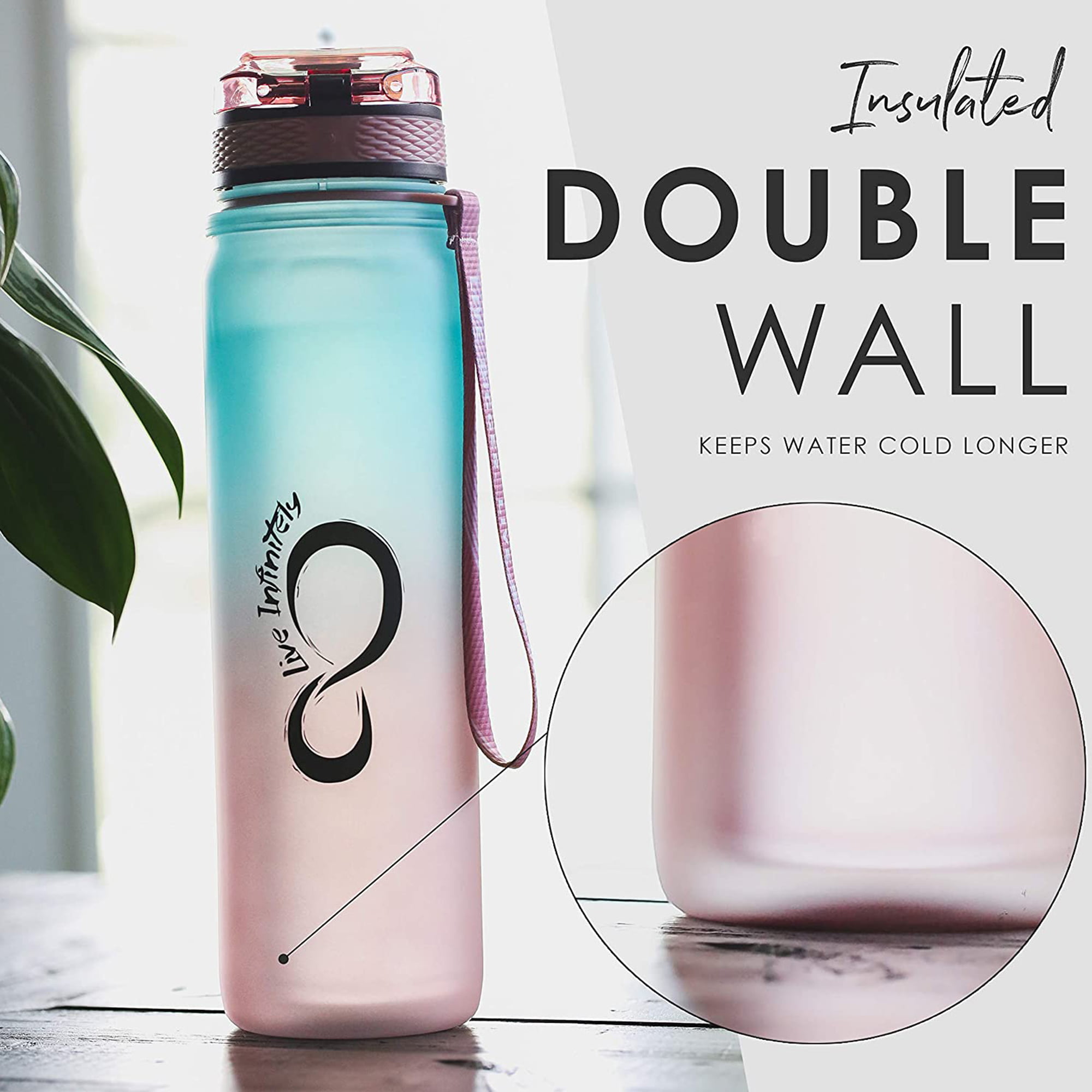 Live Infinitely 24 oz Insulated Water Bottle for Women - Cute Gym Water  Bottles with Timed Marks - BPA Free Shaker Bottle - For Workout Fitness