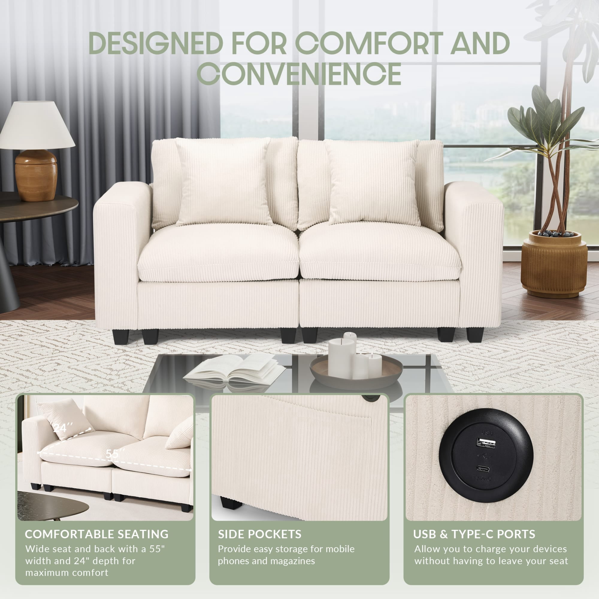 WestinTrends Hearthside 70" Modular Corduroy Loveseat Sofa With USB/Type-C Ports and Side Pockets, Cream
