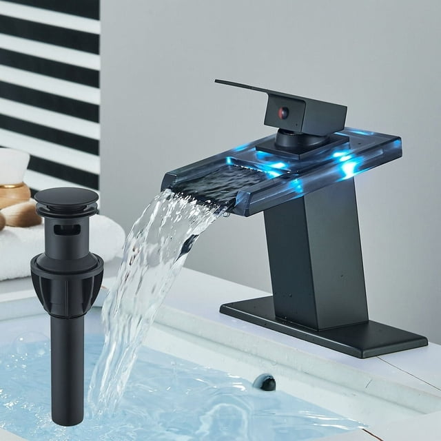 HLONK LED Bathroom Sink Faucet Waterfall Open Glass Spout Bathroom Faucets Single Handle 3 Colors Changing RV Vanity Faucets for Sinks 1 Hole with Pop Up Drain and Water Supply Hoses Mat