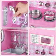 COCLUB Play Kitchen, Wooden Kids Kitchen Playset with Chalkboard, Ice Maker, Play Phone, Cookware Accessories, Microwave Toy Kitchen Gift for Boys Girls Age 3-8 Pink