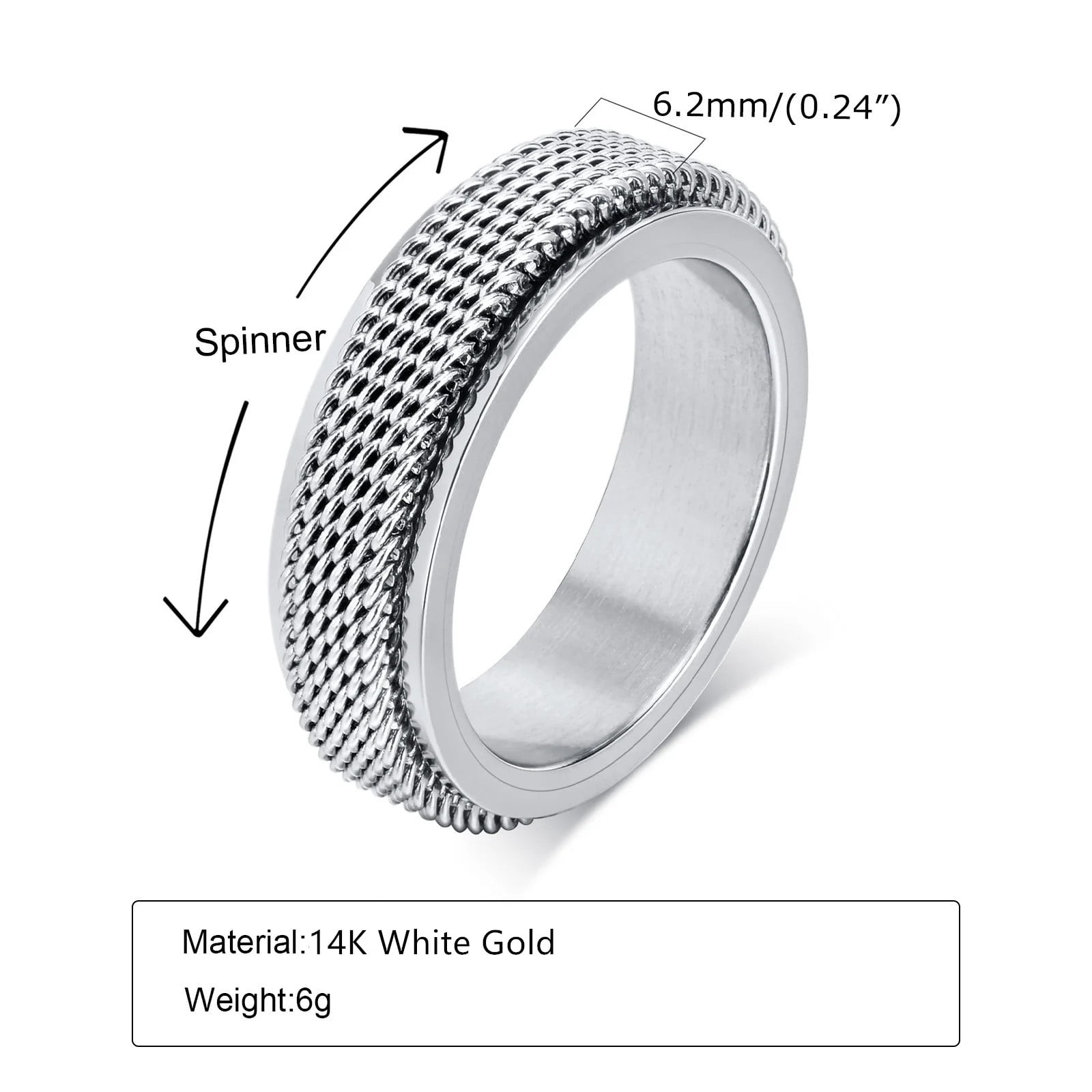Men's Spinner Fidget Rings for Anxiety, Waterproof 14K White Gold Mesh Wedding Band Rings,Stress Relieveing Gifts Jewelry