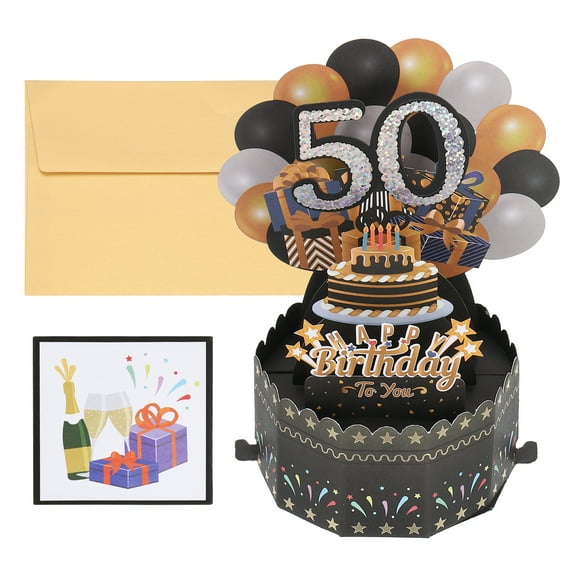 Uxcell 50th Birthday Card, Pop-Out Birthday Card Happy Birthday with Greeting Card and Envelope for Boy Women, Black Gold