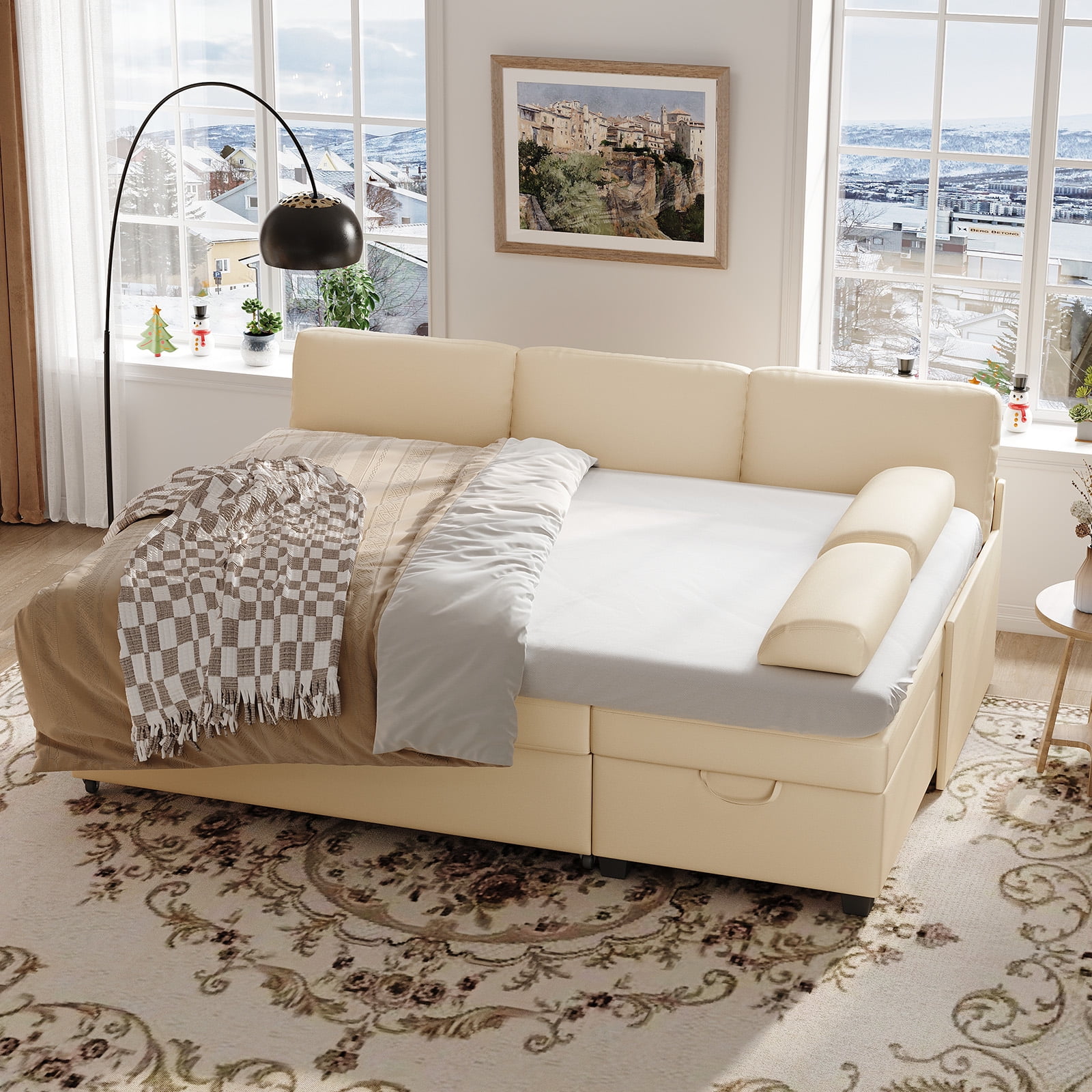 COPIAE 80” L Shaped Sofa Sleeper, 2 in 1 Pull Out Sofa Bed with Upholstered Cushion, Faux Leather Couch with Storage& Removable Armrest, Modern Comfort Sectional Couch Bed for Living Room Bedroom