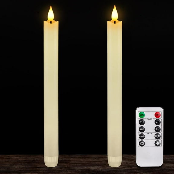 2 Pcs Real Wax Made Flameless Taper Candles with Remote and Timer, 9.6" Ivory Battery Operated Candle Stick Flickering, Led Taper Candles with Lifelike Flame for Indoor Home Decor