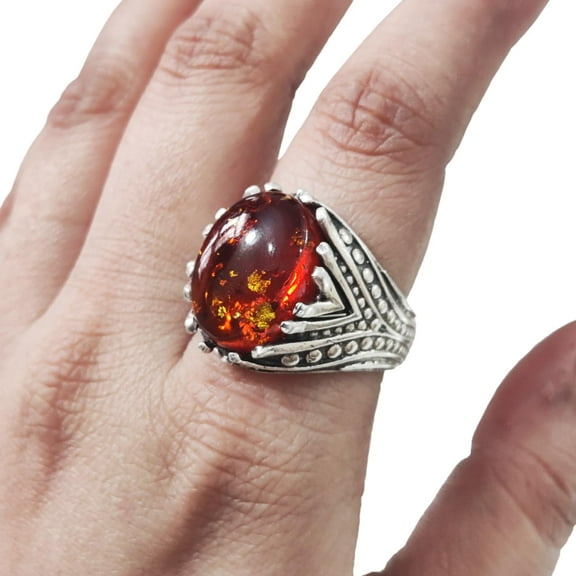 Baltic Amber Mans Ring, Natural Baltic Amber ring, Silver Jewelry, 925 Silver Ring, Birthday Gift, Heavy Mens Ring, Arabic Design, Ottoman Style Ring, Christmas, Turkey Mens Signet Ring
