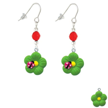 - Resin Lime Green Daisy Flower with Hot Pink Ladybug Red Bead French Earrings