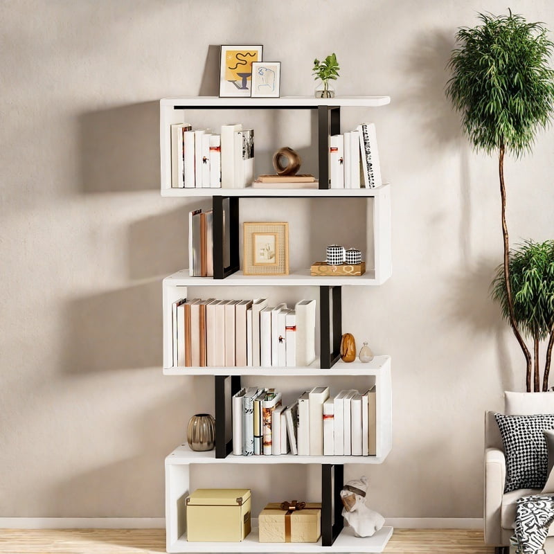 Uforic 6-Tier Geometric Bookcase, S-Shaped Bookshelf Storage Display Unit for Home Office, White