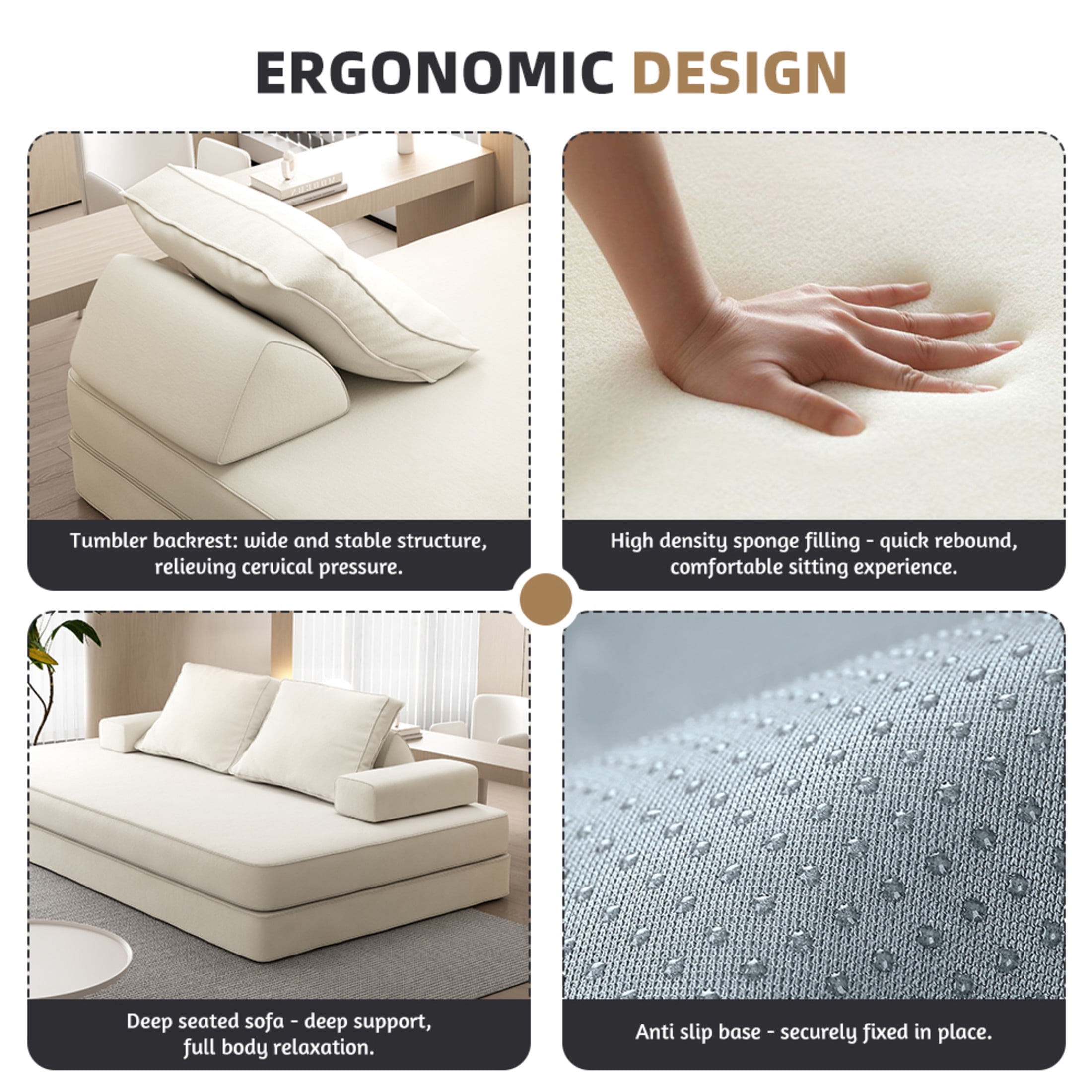 Noble House 87" Multifunctional Convertible Sofa Bed with Pillows, Fluffy Chenille Modular Floor Chaise Lounge, Beige