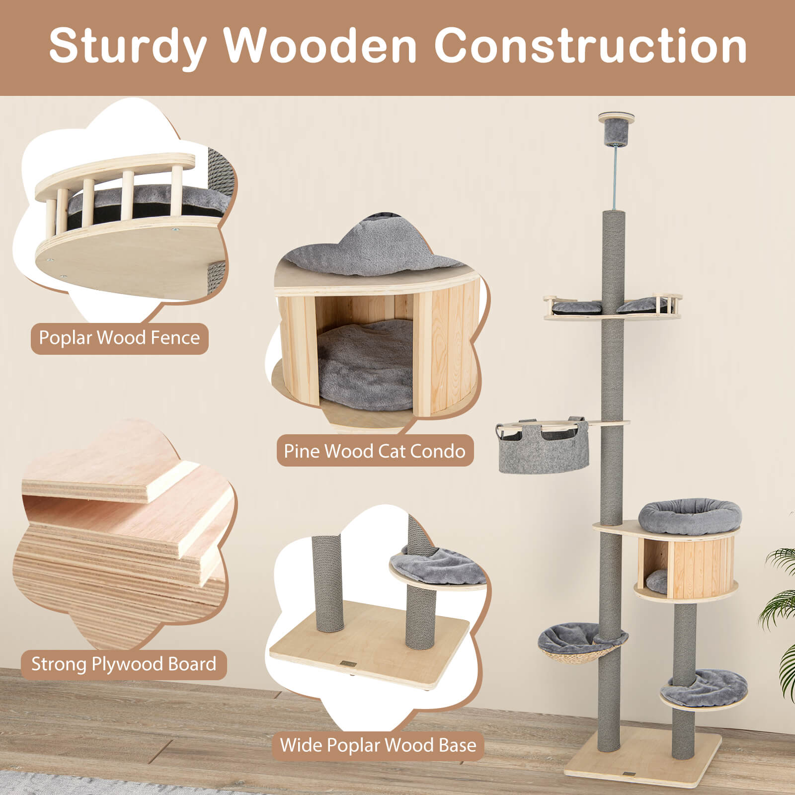 Infans 6-tier Floor-to-Ceiling Cat Tree w/ Cat Condo Hammock Scratching Posts Platform