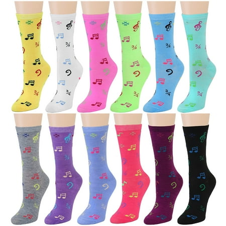 

12 Pairs Women s Crew Socks Fancy Novelty Designed Size 9-11 Multicolor Assorted Musical Notes