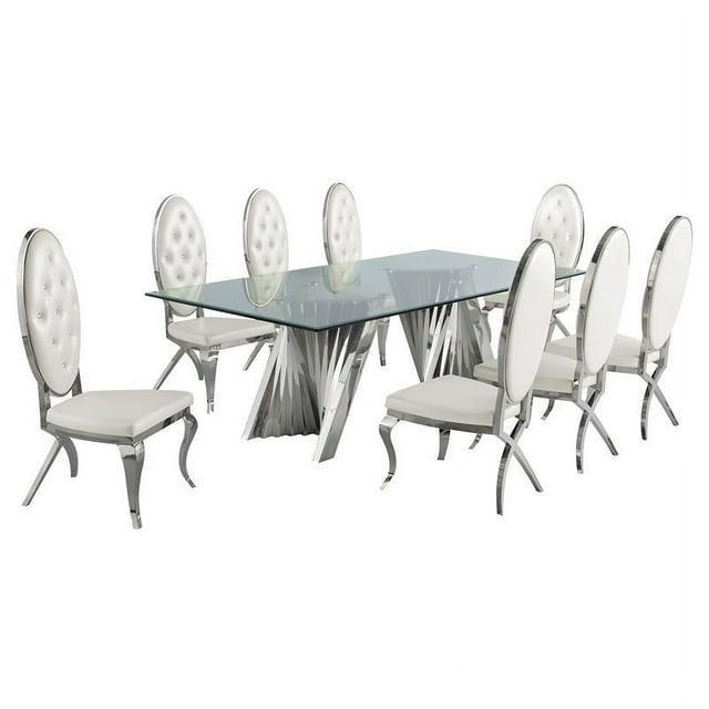 Clear Glass Dining Set with Table and 8 White Faux Leather Chairs