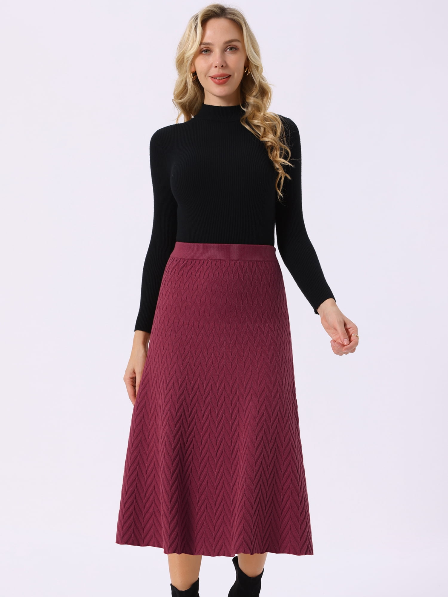 DARING DIVA Women's A-Line Skirts Stretchy Sweater Midi Skirt S Burgundy